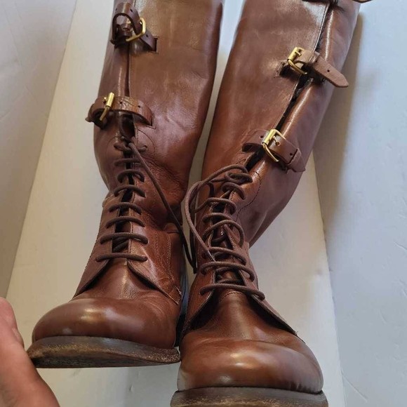 Burberry Womens Riding Boots Brown Leather Buckles Knee High Flat Lace U… - Picture 3 of 12